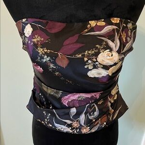 Kay Unger Silk Strapless Corset style Black/FloralTop EUC